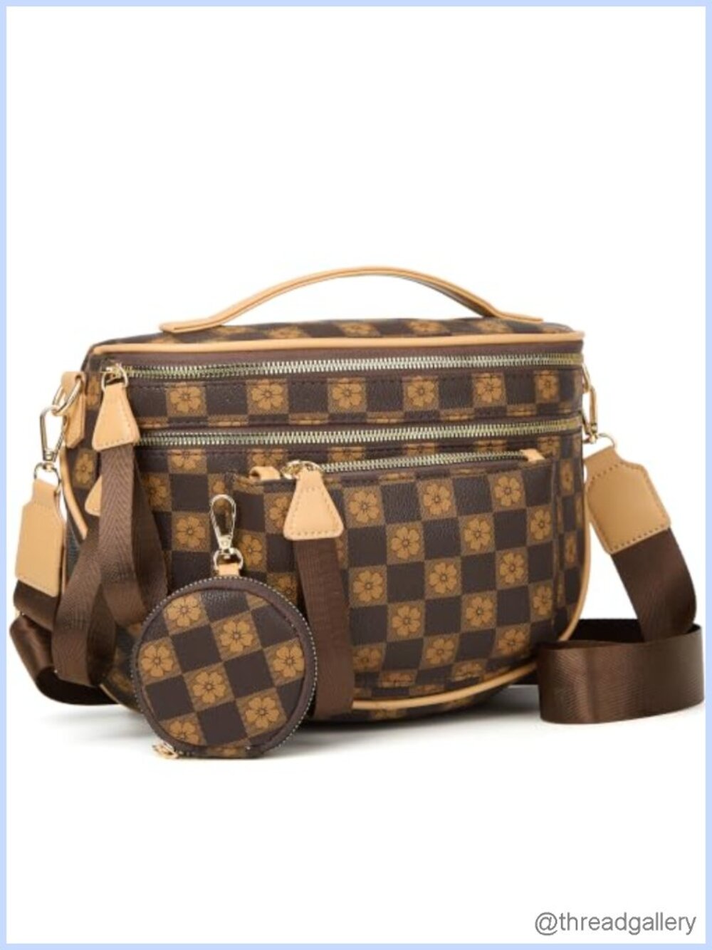 Vegan Leather Checkered Crossbody Bum Bag with Pouch Adjustable Strap